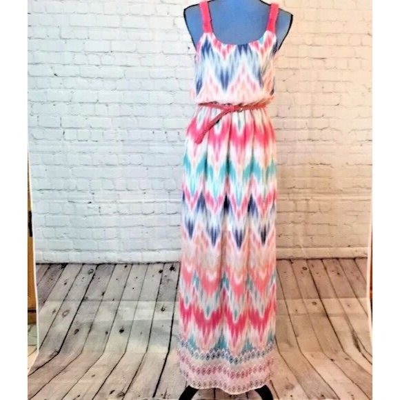 Maurices Maxi Dress Cross Back Blue & Pink Zig Zag Stripes w/ Belt Small - Picture 1 of 6